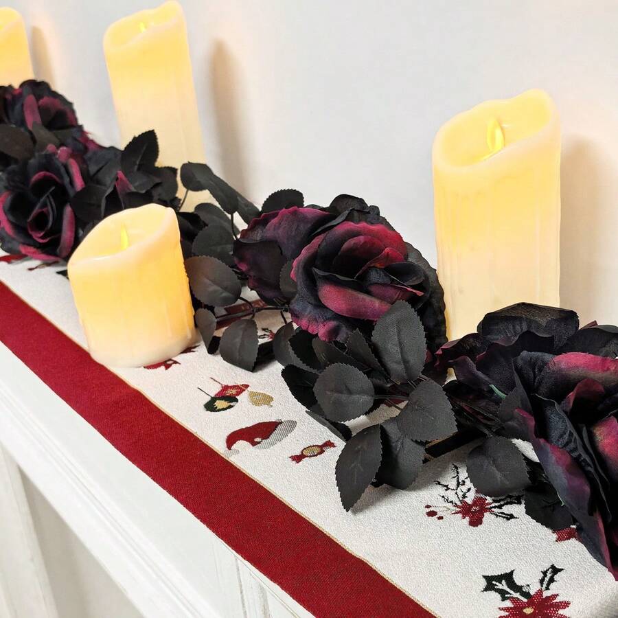 Black Artificial Roses Flower Garland Fake Halloween Hanging Floral Vines For Gothic Party Table Centerpiece - Hot Pink - View 1