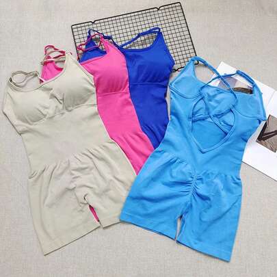 Seamless Peach Hip Yoga Jumpsuit - Quick-Dry, Stretchy Knit Fabric, Removable Pads, Striped Design, Slim Fit For Wome