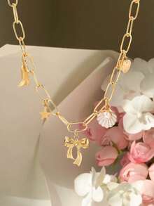 1件时尚甜美法式蝴蝶结吊坠项链，饰有珐琅、油滴、扇贝珍珠、西部牛仔靴、星星和休闲链条 - 金色 - 查看 2