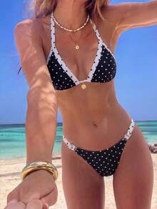 wohenmeili Contrast Color Trim Polka Dot Summer Bikini Set Vacation Beach - Black Background With White Dots - View 4