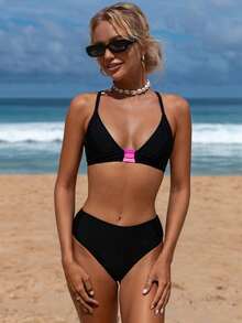 Swmmer Liket Contrast Color Stitching Back Design Women's Sexy Bikini Swimwear Set For Beach Vacation - 粉色 - 查看 4