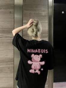 Women's Casual Round Neck Loose Letter & Cartoon Bear Print Short Sleeve T-Shirt, Spring/Summer - Black - View 1