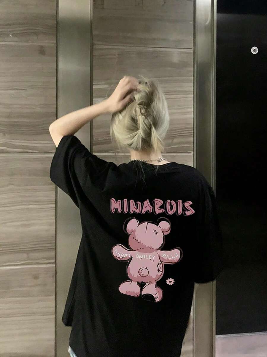 Women's Casual Round Neck Loose Letter & Cartoon Bear Print Short Sleeve T-Shirt, Spring/Summer - Black - View 1