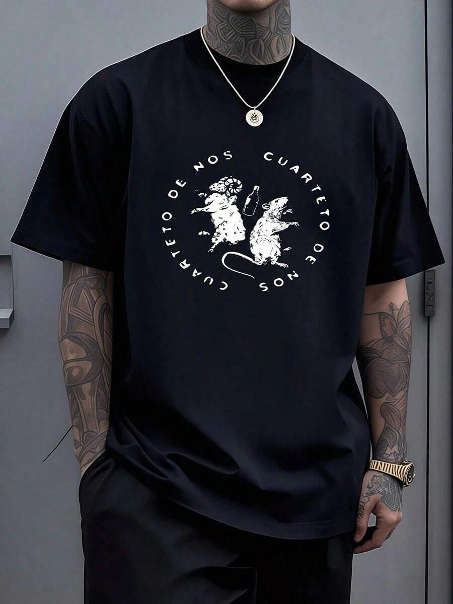 Graphic Featuring Two Detailed Rats Standing Upright Holding A Bottle In A Playful Stance With Surrounding Text Symbolizing Camaraderie 100_ Cotton Men Tshirt - Black - View 1