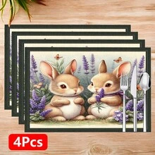 1pc/4pcs/6pcs/8pcs Vintage Rabbit Art Print Linen Placemats, Easter Gift, Easter Decor, Suitable For Dining Table, All Season Decoration, Modern Washable Tabletop Mat, Room Decor, Coasters, Kitchen Dining Placemats, Indoor Outdoor Party Decoration, Home Decor, Ideal Gift - Multicolor - View 13