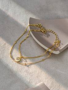 2pcs/Set Fashionable Minimalist Multi-Layer Stacking Gold Wavy Chain Oval Cubic Zirconia Copper Pendant Bracelet, Girl Accessories (Random Bead Quantity) - Gold - View 2