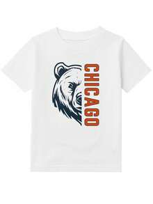 Tween Boys Bear Graphic Cotton Round Neck T-Shirt, Chicago Sports Fan Shirt, Game Day Tee, White Tee With Bear And Chicago Text, Regular Length, Bold Art Print Tops, Unisex Football Shirt, Retro Bear Mascot T-Shirt: Chicago Football Fan Gift, Vintage.Breathable Cotton Tee For Boys & Girls.3T-13T - trắng - Xem 4
