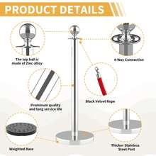 6 piezas de poste de control de multitudes con alfombra roja extendida de 26 pies, postes plateados, cola con 4 cuerdas de terciopelo rojo de 5 pies, barreras de cuerda para control de - 6 piezas - Ver 6