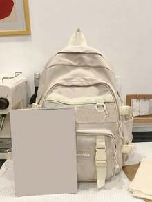 Large Capacity Multi-Compartment Cartoon Backpack With Dual Handles And Zipper, Anti-Theft Design, Suitable For Students Back To School, College Style, Women Travel & Vacation - Beige - View 6