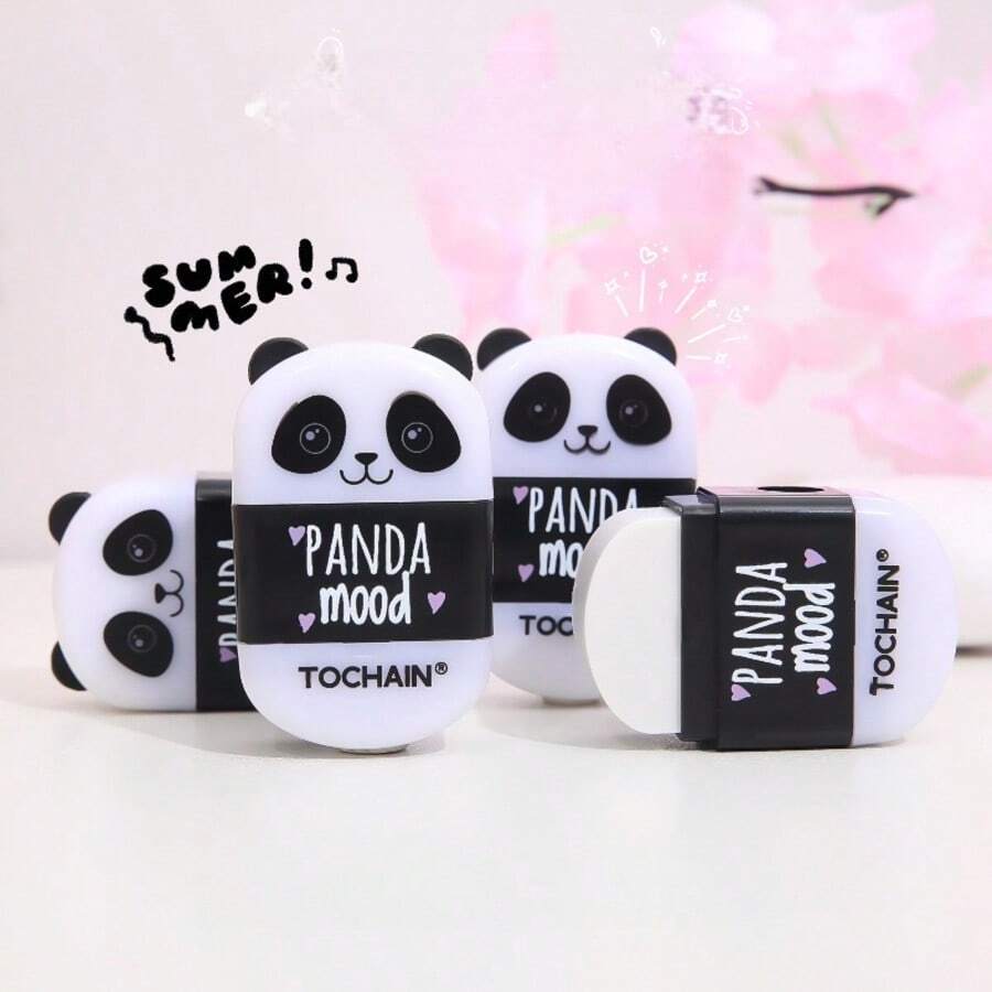 2pcs/Set Panda Shaped Pencil Sharpener & Eraser 2-In-1 Practical Stationery Tool, Wholesale Back To School Student Supplies Party Favors - Multicolor - View 1