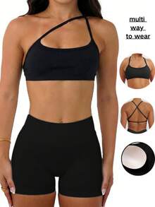 ATTRACO Sutien sport fără cusături, solid, sexy, pentru yoga, cu căptușeală și bretele detașabile, bluze sport pentru alergare pentru femei - Negru - Vizualizare 2