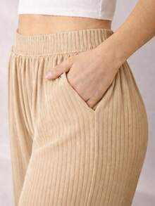 Beige High-Waisted Wide Leg Palazzo Pants For Women, Casual Fashion, With Side Slit And Ribbed Pockets, Night/Daily Wear - Màu be - Xem 2