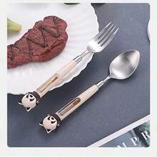 304 Stainless Steel Cartoon Raccoon Shaped Fork & Spoon With Plastic PP Handle, Children's Tableware, Household - Silver - View 4