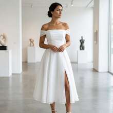 YUMIBRAVO 优雅新娘婚纱，露肩婚纱，褶皱胸部蓬蓬裙，白色女士正式礼服，侧开衩舞会礼服 - 白色 - 查看 6
