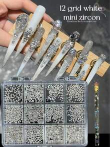 1200颗扁平白色水晶美甲水钻套装 - 12种款式，DIY美甲及配件或日常用品，包含1支点钻笔，超闪亮美甲宝石套装，1-5毫米多种尺寸水钻，适用于美甲沙龙、居家DIY、美甲用品、圣诞节、新年、情人节美甲、节日礼物 - 無色 - 查看 6