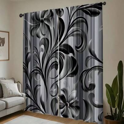 两片装抽象花卉印花窗帘，涤纶半透明窗帘，耐用且可机洗，杆袋式设计（不含窗帘杆），适用于办公室、客厅、卧室、餐厅、厨房、浴室、书房。易于安装的半透明窗帘，日常家居装饰，四季皆宜。