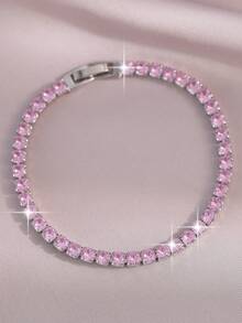 2 peças/1 conjunto Pulseiras de Corrente de Tênis de Zircônia Cúbica Rosa Requintada para Presentes de Aniversário, Festival e Decoração Diária de Joias de Cobre para Adolescentes - Pulseira - Visão 7