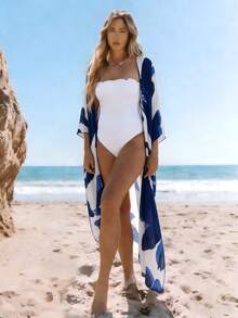 Beautiful Nomad Kimono femme à manches courtes avec imprimé floral, couvre-tout décontracté pour les vacances, la plage et l'été - Bleu et Blanc - Voir 1