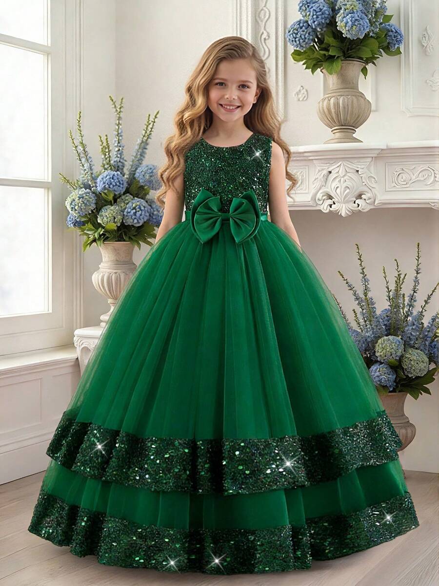 Tween Girls Sequin Mesh Flower Girl Wedding Dress Long Gown, Suitable For Birthday Party, Banquet, Does Not Include Headband - Dark Green - View 1