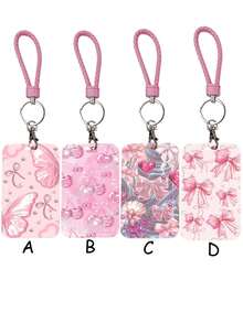 1pc ABS Iridescent Bowknot Pattern Fashion Personalized Cartoon Pull-Push Card Holder Keychain Bag Pendant, Student Wristband Card Holder, Ladies Wristband Card Holder, ID Bus Protection Case, Student Campus Card Protection Case - Rectangle - View 1