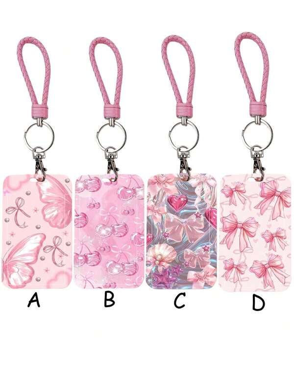 1pc ABS Iridescent Bowknot Pattern Fashion Personalized Cartoon Pull-Push Card Holder Keychain Bag Pendant, Student Wristband Card Holder, Ladies Wristband Card Holder, ID Bus Protection Case, Student Campus Card Protection Case