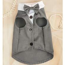 1pc Classic Pet Suit, Dog Tuxedo With Bow Tie, Summer Grey Dog Suit With Button Trim - Grey - View 3