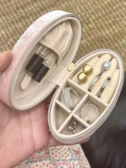 1个迷你便携式首饰盒，适用于项链、戒指、耳环和手镯 - 优雅的毛毡椭圆形盖收纳盒，小巧的旅行配件整理盒