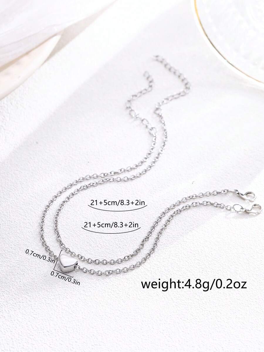 Tkool 2pcs Stainless Steel Heart Beaded Anklet Set, Everyday Wear - Silver - View 1