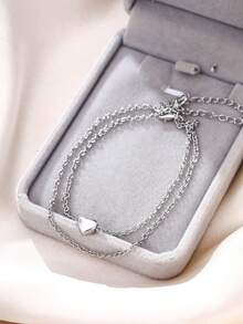 Tkool 2pcs Stainless Steel Heart Beaded Anklet Set, Everyday Wear - Silver - View 3