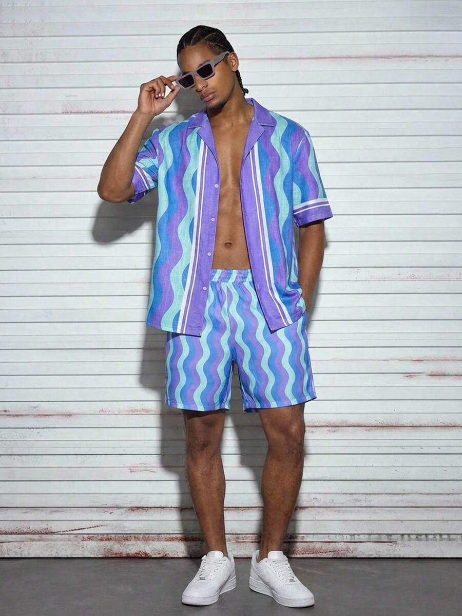 Modcrash 2pcs Men's Spring/Summer Fashion Dopamine Casual Vacation Style Versatile Slim Fit Shirt & Shorts Set Spring To Summer - Multicolor - View 1