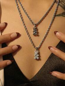 1 mặt dây chuyền hình gấu mạ vàng 18K bằng thép không gỉ đính đá Zirconia, dây chuyền xoắn bằng thép không gỉ, phù hợp với trang phục hàng ngày của phụ nữ, dây chuyền thời trang đường phố Y2K, quà tặng mùa hè đáng yêu cho phụ nữ - Vàng - Xem 6