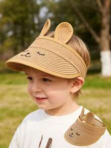 1pc Toddler Boys/Girls Embroidered Sun Hat With Smiling Bunny Ears, Age 1-3, Baby Summer Cap - Khaki - View 1