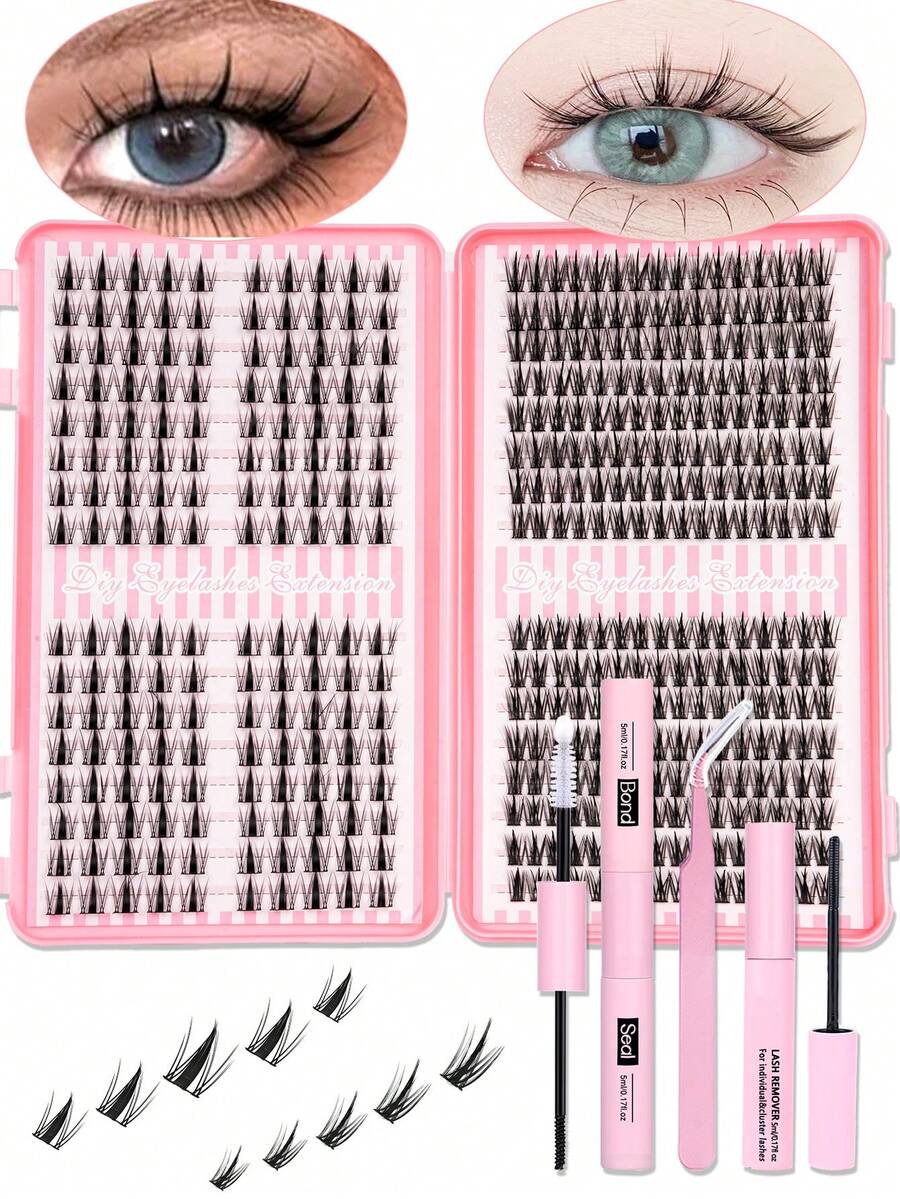416pcs Eyelash Extension Kit, DIY Eyelash Extension Set, Individual Lash Clusters, Including False Lashes, Adhesive, Remover, Tweezers, DIY Eyelash Extension Kit, Lightweight Natural Curly Lashes, Soft And Lightweight, Suitable For Daily Use, Travel, Beginners, Weddings, Dates, Parties, Holidays - Black - View 1
