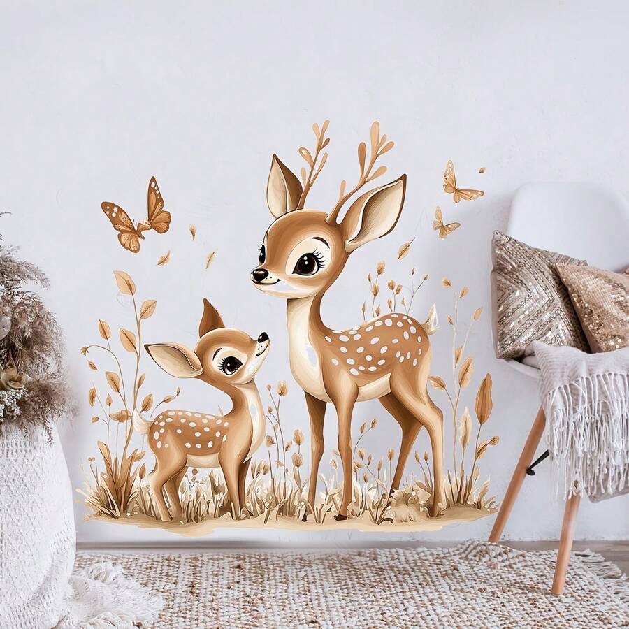 1pc Cute Adorable Cartoon Deer Wall Sticker, Removable Self-Adhesive Waterproof PVC Animal Decal, Suitable For Decorating Living Room, Bedroom, Kids Room, Kitchen - Wall Stickers - View 1