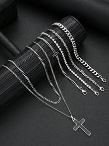 6pcs Fashionable Minimalist Business Men's Rhinestone Cross Bracelet & Stainless Steel Necklace Jewelry Set, Gift For Boyfriend, Daily Commute, Versatile - Silver - View 9