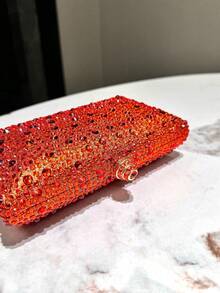 1个橙色亮片双面水钻装饰手拿包，金属链条肩带，时尚优雅晚宴包，经典正式派对婚礼新娘手拿包，适合正式场合、派对、婚礼、音乐节，女士礼物 - 橘色 - 查看 5