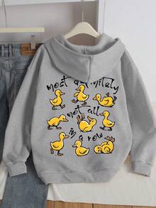 女士套头卫衣，常规版型长袖，鸭子印花 - 灰色 - 查看 3