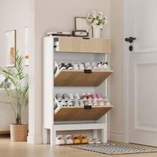 Zapatero independiente con 2 puertas abatibles y 1 cajón - Estilo granja, patas metálicas, diseño angosto para entrada o pasillo - Mueble organizador de calzado funcional y elegante - Blanco - Ver 1