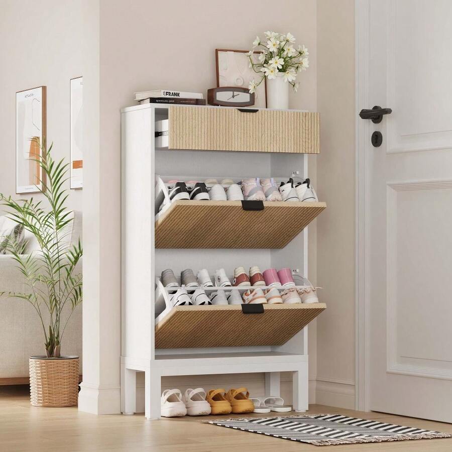 Zapatero independiente con 2 puertas abatibles y 1 cajón - Estilo granja, patas metálicas, diseño angosto para entrada o pasillo - Mueble organizador de calzado funcional y elegante - Blanco - Ver 1