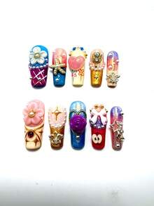 10片装3.3厘米手工方形美甲贴片套装，搭配水钻、蝴蝶结和花瓣装饰，适合女性和女孩，可用于情人节、派对、节日和日常佩戴。美甲配件，亚克力美甲套装，包含套装、手工压制美甲贴片、假指甲贴纸和美甲用品。手工按压式美甲贴片 - 彩色 - 查看 2