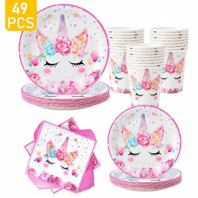 花卉独角兽一次性餐盘、餐巾纸、纸杯 - 8人份派对用品套装，一次性纸盘，派对餐具，适用于生日、婚礼、主题派对、家庭野餐
