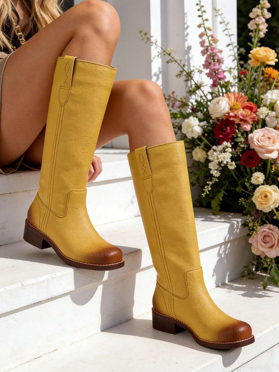 Women's Pull On Vintage Campus-Inspired Cowboy Boots Squared Toe Western Knee High Boots Fashionable Stacked Low Heels Booties - 黃色 - 查看 1