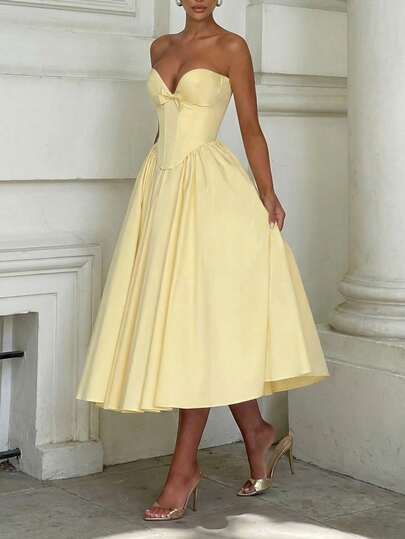 Yellow Elegant V-Neck Bow Tie Decor Strapless Backless Fitted Princess Style Elegant Dresses For Women