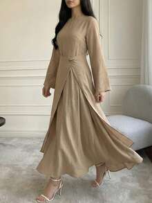 女士春季优雅圆领插肩袖收腰长连衣裙，适合通勤和休闲外出 - 淺卡其 - 查看 6