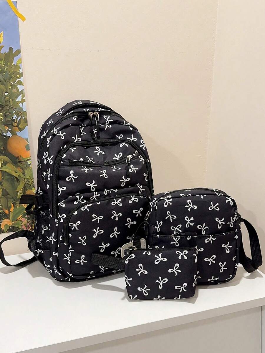 3pcs Nylon Bow Print Backpack Set,Foldable Multi-Po Cket Large CapacityWater-Resistant Zipper Backpack Suitable F Or Teenagers,High School, College Students,Ladies,Daily Use, Commuting,Traveling,Gifts For Valentine's Day - Black - View 1
