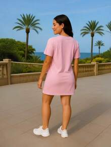 Vestido Camisetão Alongada Feminino Malha Longline T-shirt  Casual    Praia  Férias - Rosa Bebê - Visão 3