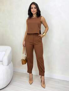 Tailored Linen Set: Trousers With Cuffs + Blouse With Side Detail - Mocha Brown - View 2