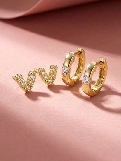 4pcs/Set Small Exquisite And Cute Gold Copper Inlaid With Zirconia Small Heart Earrings Inlaid With Zirconia Earrings Earrings Earrings Earrings Jewelry Set Holiday Party Decoration Earrings Ear Stud