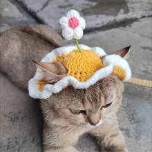 Knitted Pet Hat, Elegant Crochet Cat Hat With Rabbit Ear Ruffled Floral Decor, Suitable For Small/Medium Cats, Soft & Easy To Wear, Great For Birthday, Holiday, Travel, Photo Shoot, Adorable Pet Accessory - Multicolor - View 4