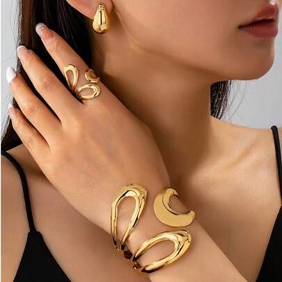 Set de 4 piezas de joyería de moda con forma de gota de agua geométrica hueca metálica, incluyendo anillo, pulsera y aretes para mujeres